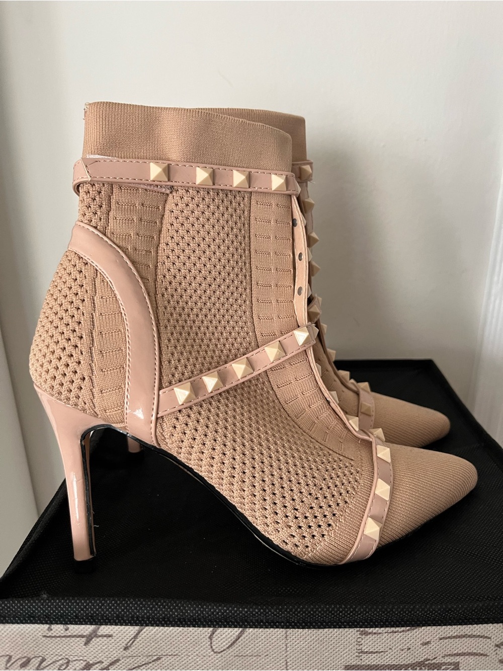 Studded Blush Knit Sock Booties - Women's Pointed High Heel Ankle Boots
